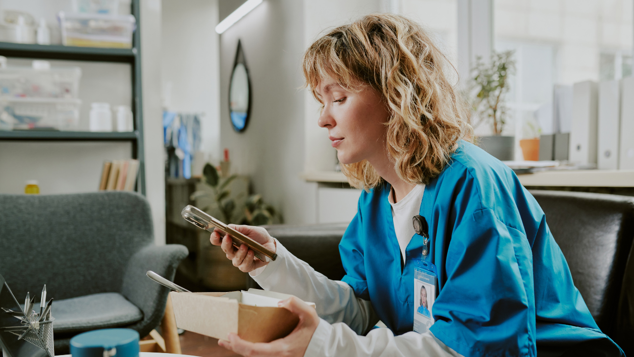 Healthcare worker using mobile device